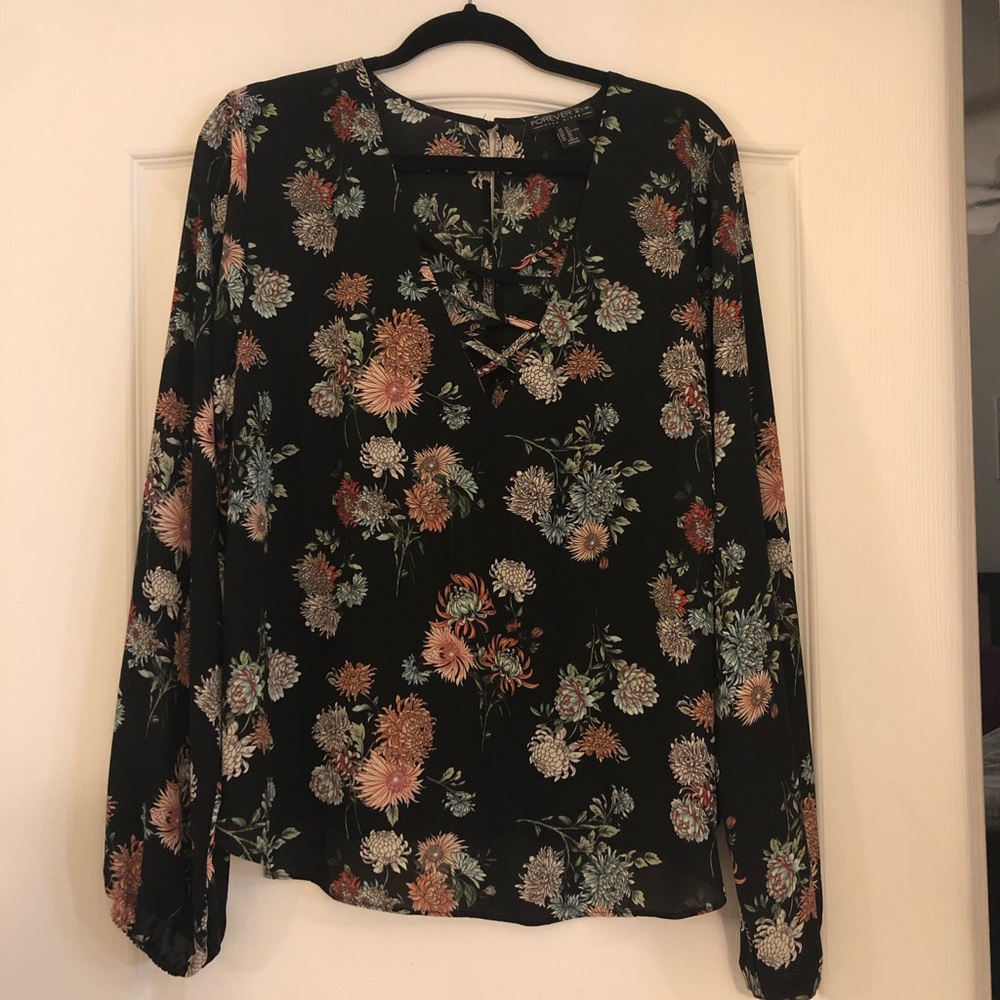 Floral Long Sleeve Black Blouse